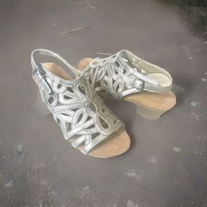 Josef Seibel Heeled Sandals Womens EU 40 US 9.5 Metallic Gray Leather Sling Back